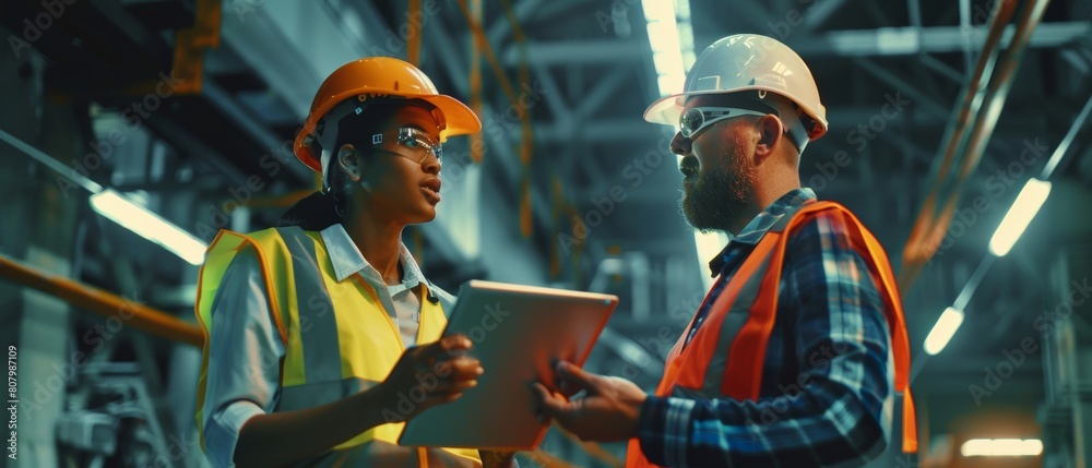 Canvas Prints Engineers, project managers, and engineers wearing hard hats and safety vests use digital tablet controls in modern factories, speaking, optimizing CNC machines, and increasing production line