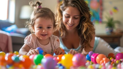 Fototapeta premium A woman and child playing with a ball of colorful balls, AI
