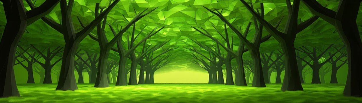 A graphic art illustration showcasing a forest landscape of lowpoly trees, with geometric shapes and natural tones, creating an ecoinspired pattern