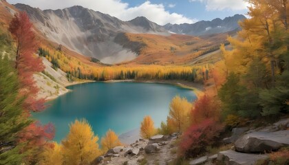 A mountain lake surrounded by colorful autumn foli upscaled 2