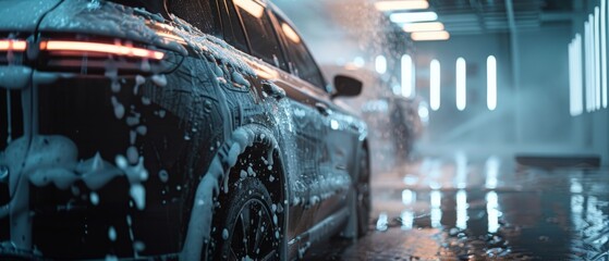 The vehicle is covered in foam, being cleaned at a detailing shop before being sold to an owner. Close-up of an eco-friendly electric family SUV.