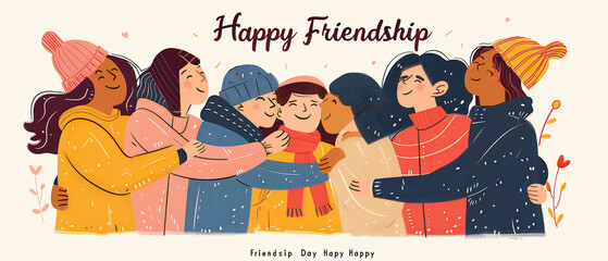 Obraz premium Abstract vector illustration design for a greeting card on Happy International Friendship Day, depicting a group of friends seen from the back