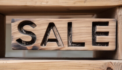 The writing carved SALE in a wooden surface