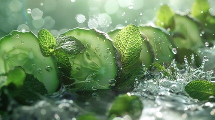 Transform the concept of a cucumber mint splash into a mesmerizing CG 3D rendering, playing with light and shadow to bring out the crisp texture of cucumber and the freshness of mint