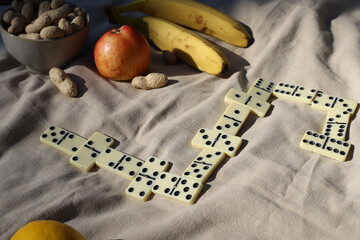 game of dominoes at a picnic. leisure. There is a domino on the picnic mat and nearby there are...