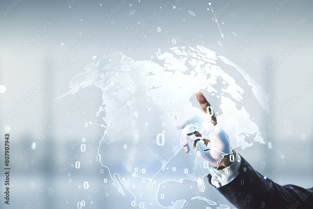 Poster man hand working with abstract virtual coding concept and world map on blurred office background. mu