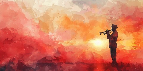 A man is playing a trumpet in front of a sunset. The sky is filled with red and orange hues, creating a warm and peaceful atmosphere. The man's music adds to the serene ambiance, making it a beautiful