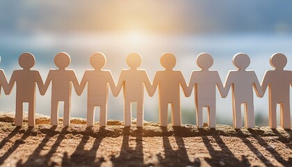 groupe de personne faisant une chaine humaine en se tenant la main sur l'horizon à contre...