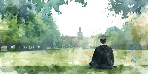 Obraz premium A man in a graduation gown sits on a grassy field. Concept of accomplishment and pride, as the man is likely a recent graduate. The lush green field