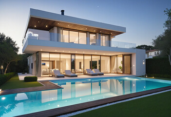 Fototapeta premium Contemporary Vacation Home with Luxurious Poolside Oasis, Enhanced by Artistic Generative AI 