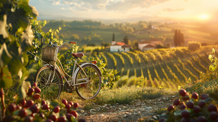 Scenic View of Bike in Portuguese Vineyards - Photo Realistic Image of a Bike in Rolling Hills, Wine Estates, and Historic Villages - Adobe Stock Photo Concept
