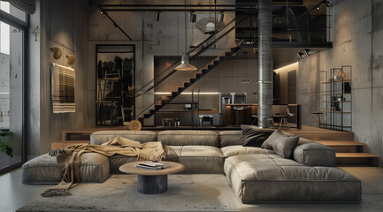 The interior design of the living room resembles a modern loft with concrete walls and raw metal elements. However, all this has been skillfully combined with warm wooden accents and soft textiles