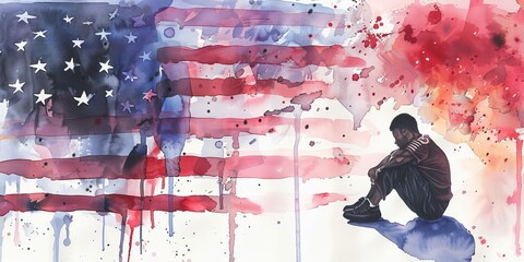 Naklejka premium A man sits on the ground in front of an American flag. The flag is splattered with paint, and the man is in a state of sadness