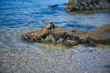 ゴツゴツした岩の潮溜りの透き通った青い海