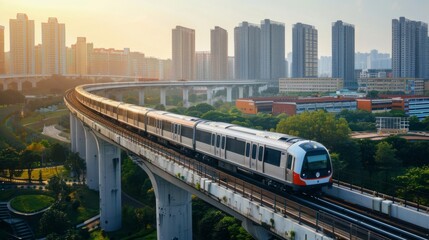 Fototapeta premium A commuter train traveling along an elevated viaduct, elevated railway engineering