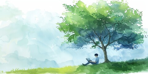 A man is sitting under a tree reading a book. The scene is peaceful and serene, with the man enjoying the quiet and natural surroundings