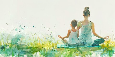 A woman and a child are sitting on a grassy field, practicing yoga together. Concept of peace and bonding between the two, as they share a moment of relaxation and connection