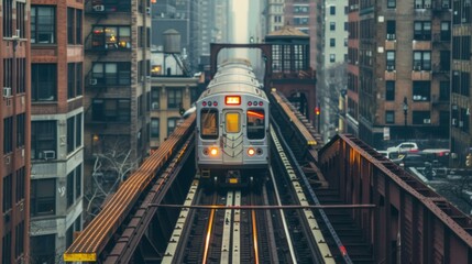 A commuter train traveling along an elevated viaduct, elevated railway engineering