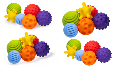 Colorful sensory balls for children, designed to promote cognitive and physical growth. Various tactile balls showcased in a transparent PNG. a soft toys stimulate developmental progress