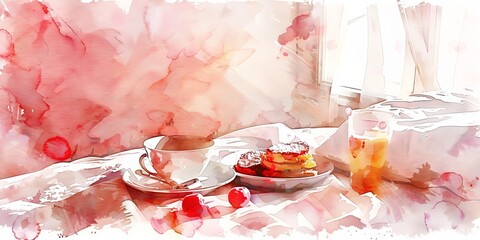 A plate of pancakes and a glass of orange juice sit on a table. The tablecloth is pink and the background is a pink wall