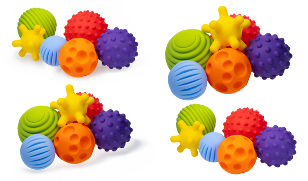 Colorful sensory balls for children, designed to promote cognitive and physical growth. Various tactile balls showcased in a transparent PNG. a soft toys stimulate developmental progress