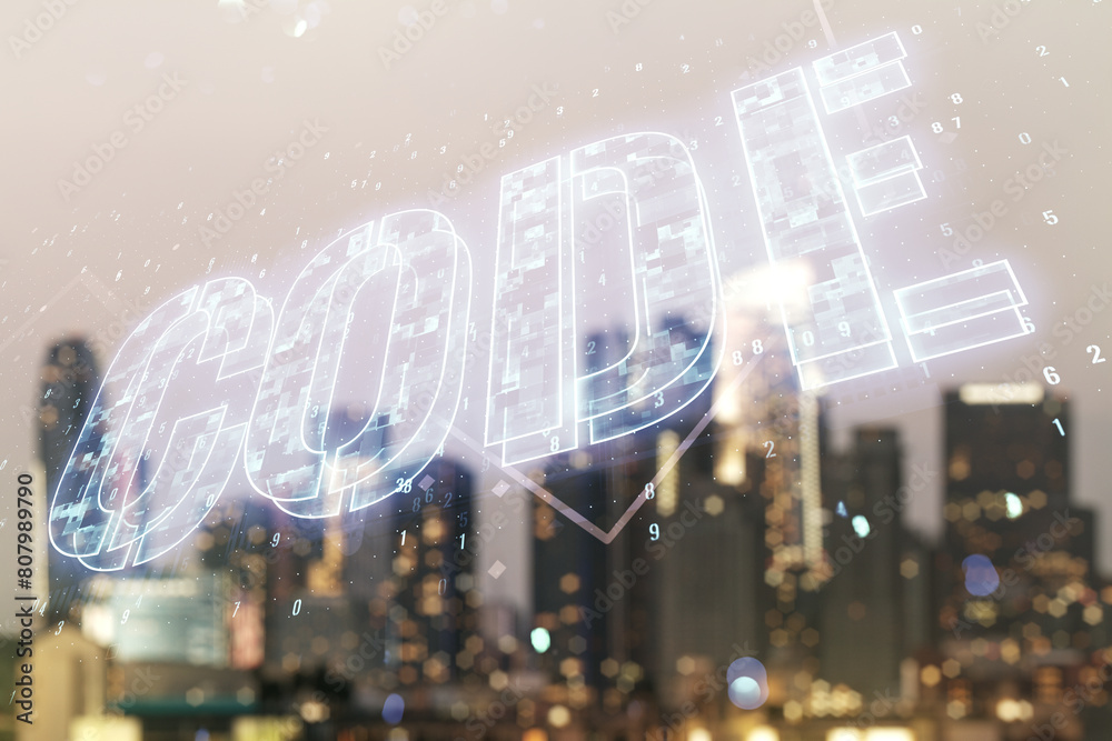 Poster code word hologram on blurry skyscrapers background, international software development concept. mul