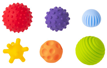 Colorful sensory balls for kids on a white background, designed to enhance cognitive and physical...