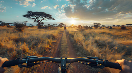 Exploring the Kenyan Savanna: Photo-realistic Image of Cyclist Enjoying an Adventurous Safari Biking Trip with Breathtaking Wildlife Views
