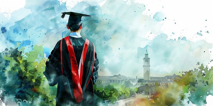 A man in a red and black graduation gown stands in front of a large building. Concept of accomplishment and pride, as the man is likely a graduate about to receive his diploma