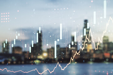Multi exposure of virtual creative financial chart hologram on blurry cityscape background,...