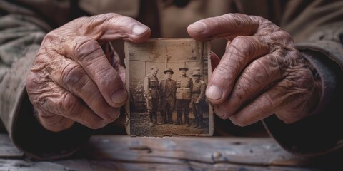 A man holds a photo of three men in a group. The photo is old and worn, and the man's hands are wrinkled and calloused. The photo seems to be a snapshot of a moment in time