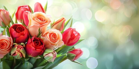 A bouquet of red and pink roses is displayed on a green background. The flowers are arranged in a way that creates a sense of harmony and balance