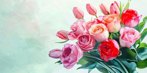 A bouquet of pink and orange roses is displayed on a green background. The arrangement is full and vibrant, with the flowers standing out against the background. Concept of warmth and happiness