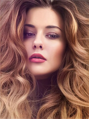 Beautiful modern woman with volume hairstyle, long luxurious hair and beauty makeup, glamorous look...
