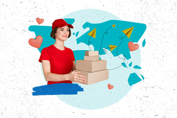 Composite collage picture image of funny female delivery love heart carton box world shipping...