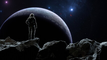 Astronaut gazes at a planet from an asteroids surface against a starry backdrop