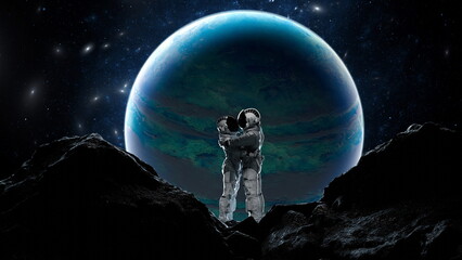 Two astronauts hugging on foreign terrain with a massive, colorful planet looming in the night sky. 3d render