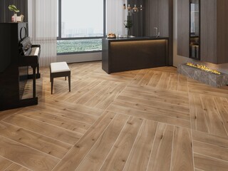 Interior of music room with black grand piano, marble floor, wooden wall, and wonderful window view with white sheer curtains and wonderful accent pieces to complete the image. Mockup. 3D Rendering