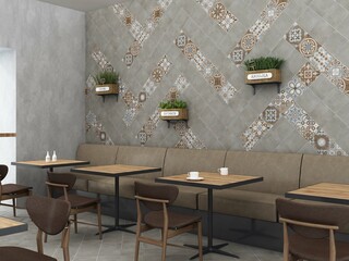 Bright restaurant interior with good ambiance, grey marble wall and floor, wooden table and chair, hanging lamps. 3D Illustrations. 3D Rendering