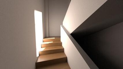 Sunrise light casts sharp shadows on a simple staircase in a contemporary building. 3d render