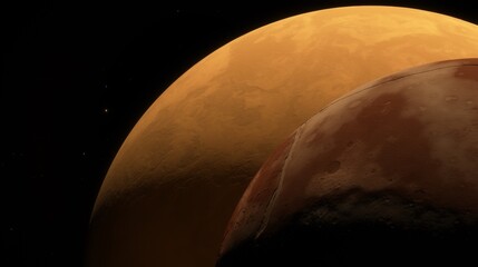Close-up view of two celestial planet, larger orange-hued planet looming in the background. Star filled black sky, contrasting surfaces. 3d render