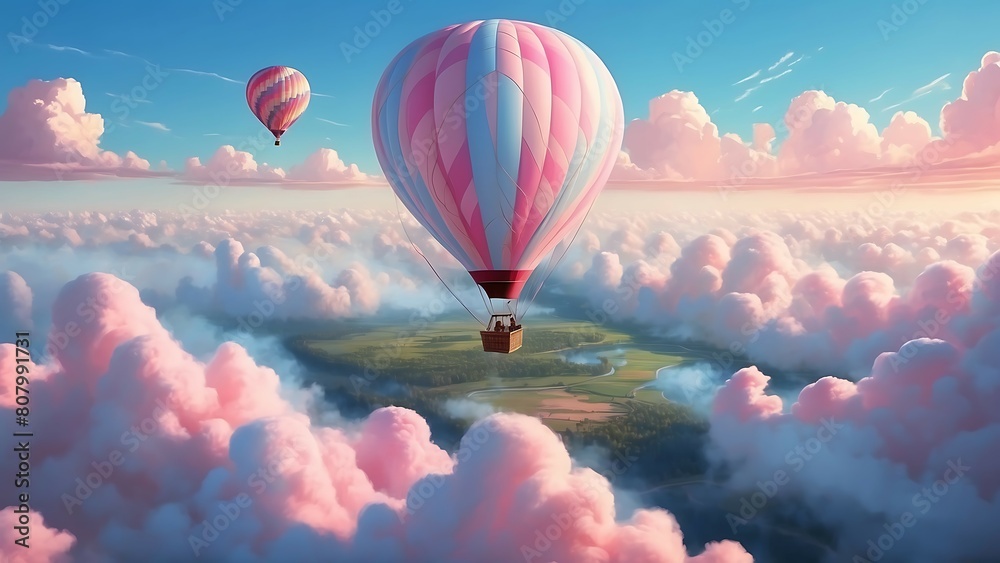 Wall mural pink clouds and hot air balloon in blue sky