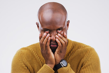 Portrait, black man and frustrated in studio with eye roll for stress, frustration and burnout....