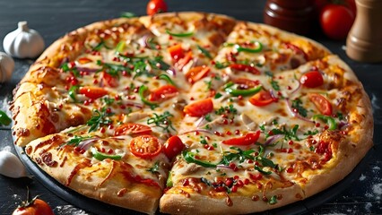 Sliced Pizza with Various Toppings in Close-up View on Dark Background. Concept Food Photography, Pizza Art, Close-up Shots, Culinary Creations, Delicious Pizza