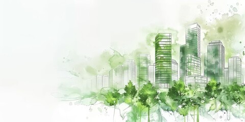 A cityscape with a green background and buildings. The city is depicted as a modern, eco-friendly metropolis