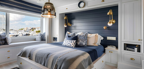 A nautical-themed master bedroom in a seaside apartment, featuring a ship-lap accent wall, a navy...