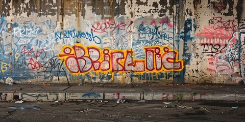 graffiti wall at street side, foot path with grungy rebel artwork, Generative Ai