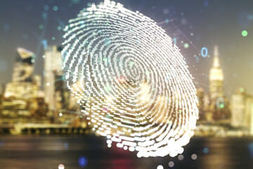 Abstract virtual fingerprint illustration on blurry skyscrapers background, personal biometric data...