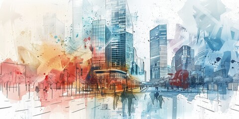 A cityscape with a splash of color and a sense of movement. The buildings are tall and the streets are busy with people walking and cars driving. Scene is lively and bustling, with a sense of energy
