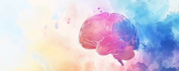 A colorful brain with pink, blue and yellow colors. The brain is surrounded by a splash of colors, giving the image a vibrant and lively mood. The brain is the central focus of the image